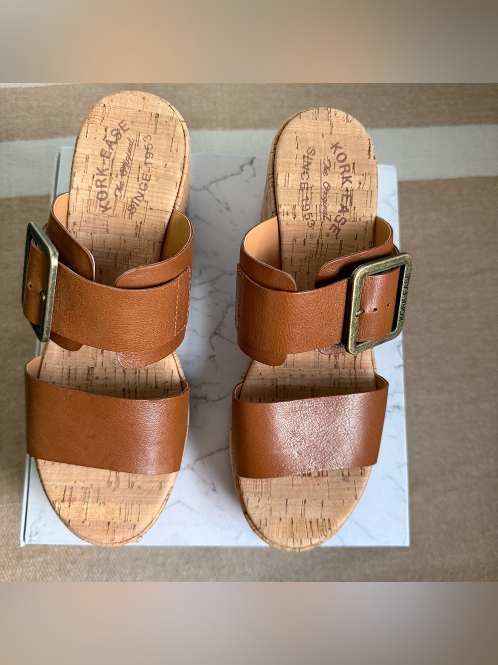 Kork-Ease Cognac Leather Cork Slide Mules with Buckle size 8